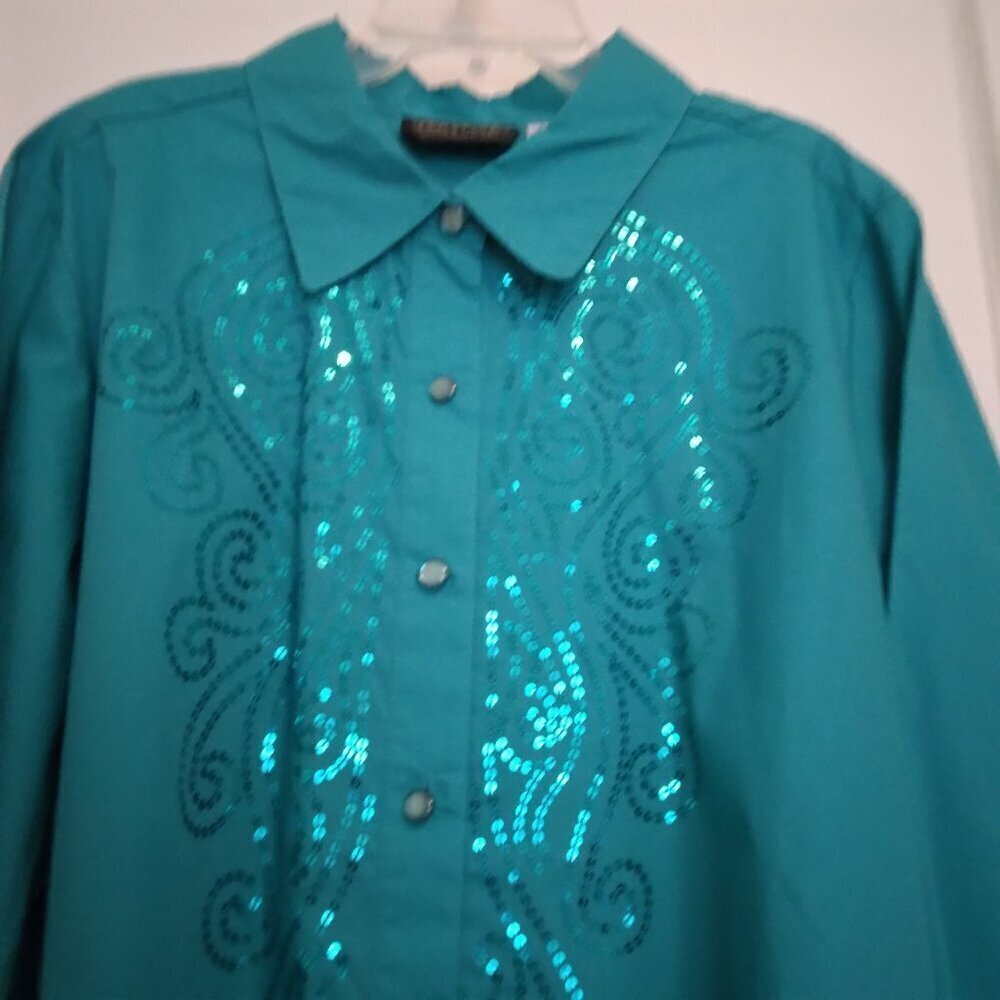 Bob Mackie | Cotton Sequin Shirt Blouse Teal Green Button Front | Size L